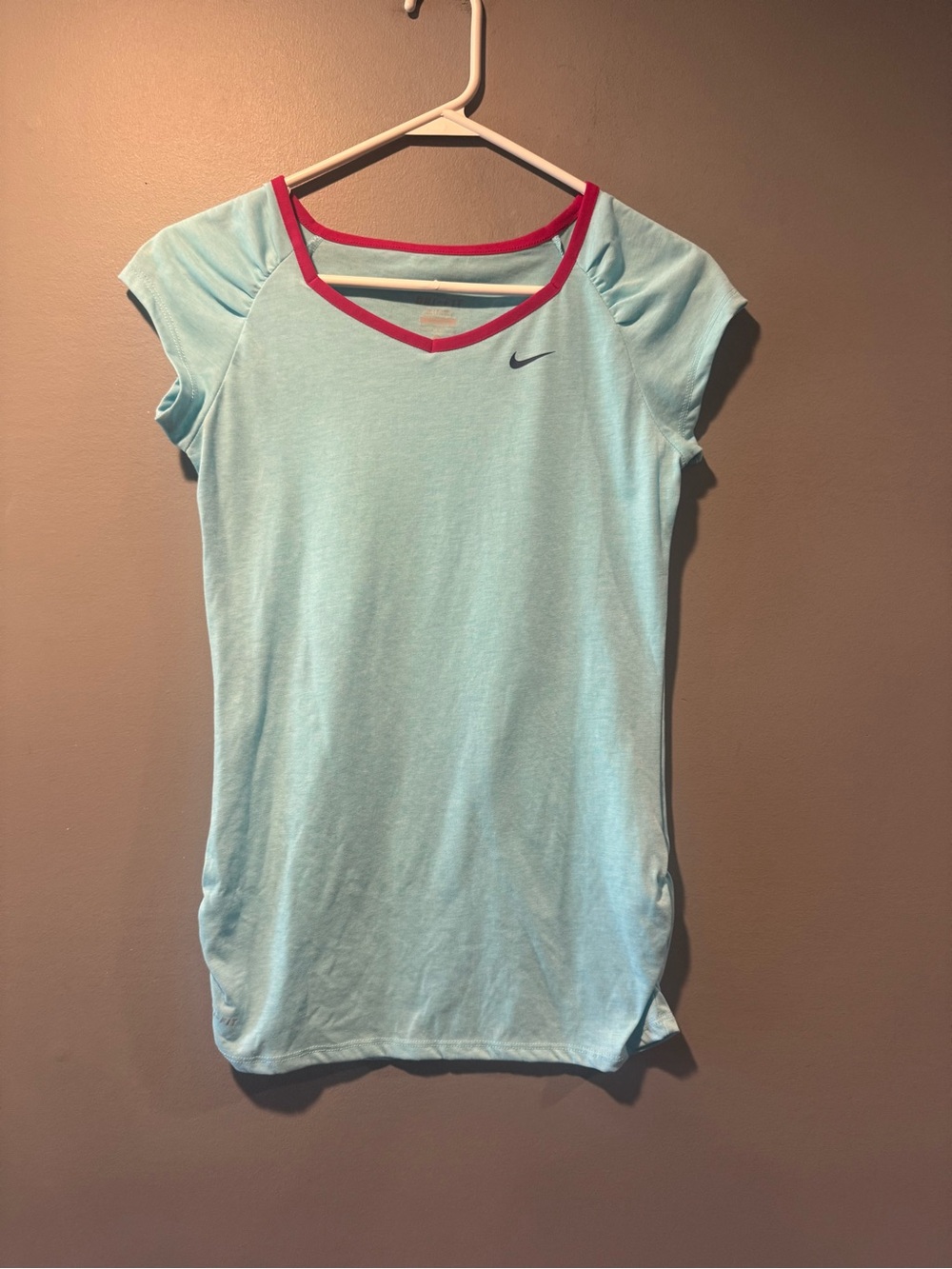 *Nike Girl’s Light Blue V-Neck Athletic Tee with Pink Trim